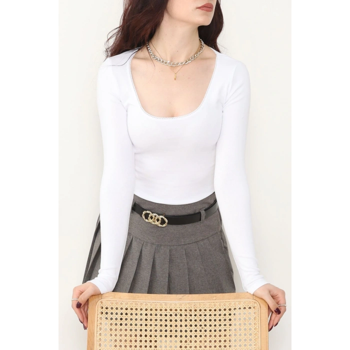 Ribana Kumaş U Yaka Dantel Detay Crop Body Beyaz - 21946.200.