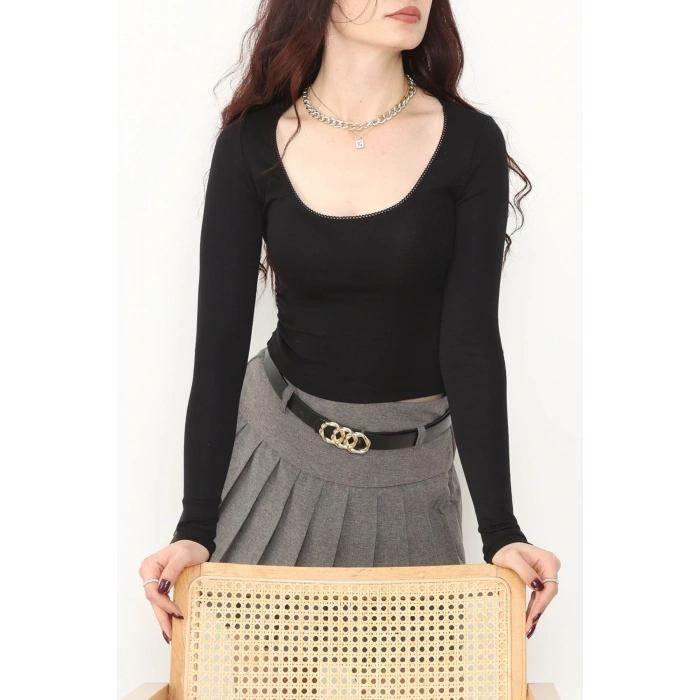 Ribana Kumaş U Yaka Dantel Detay Crop Body Siyah - 21946.200.