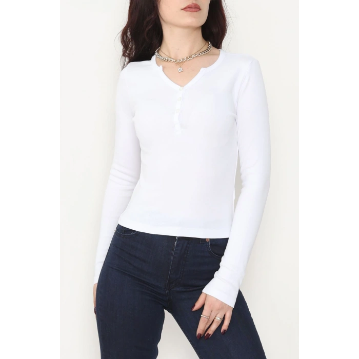 Ribana Kumaş V Yaka Düğme Detay Body Beyaz - 21926.200.