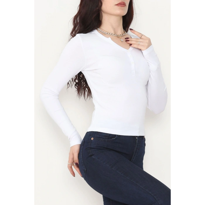 Ribana Kumaş V Yaka Düğme Detay Body Beyaz - 21926.200.