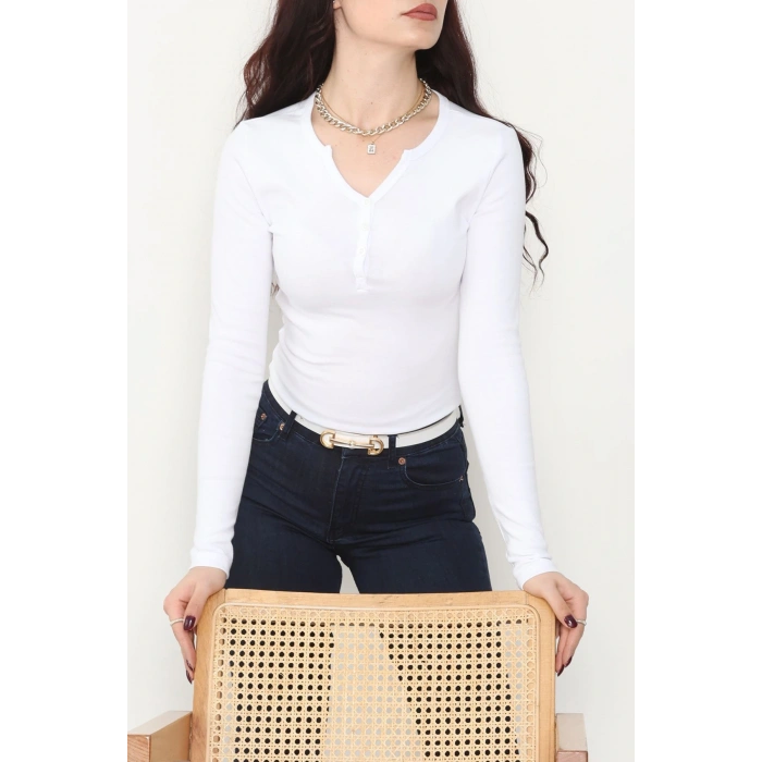 Ribana Kumaş V Yaka Düğme Detay Body Beyaz - 21926.200.