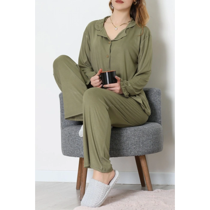 Ring Viskon Düğmeli Pijama Takımı Haki - 52201.1961.