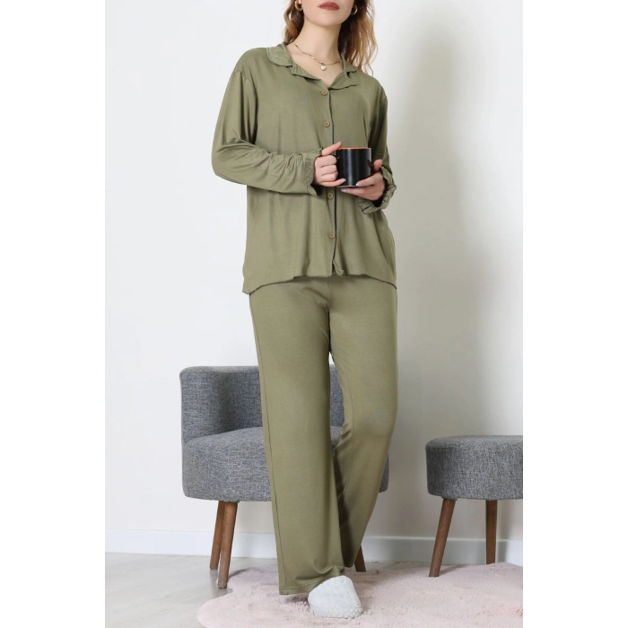 Ring Viskon Düğmeli Pijama Takımı Haki - 52201.1961.
