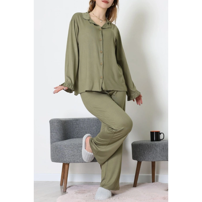 Ring Viskon Düğmeli Pijama Takımı Haki - 52201.1961.