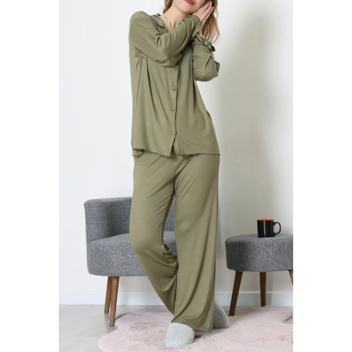 Ring Viskon Düğmeli Pijama Takımı Haki - 52201.1961.