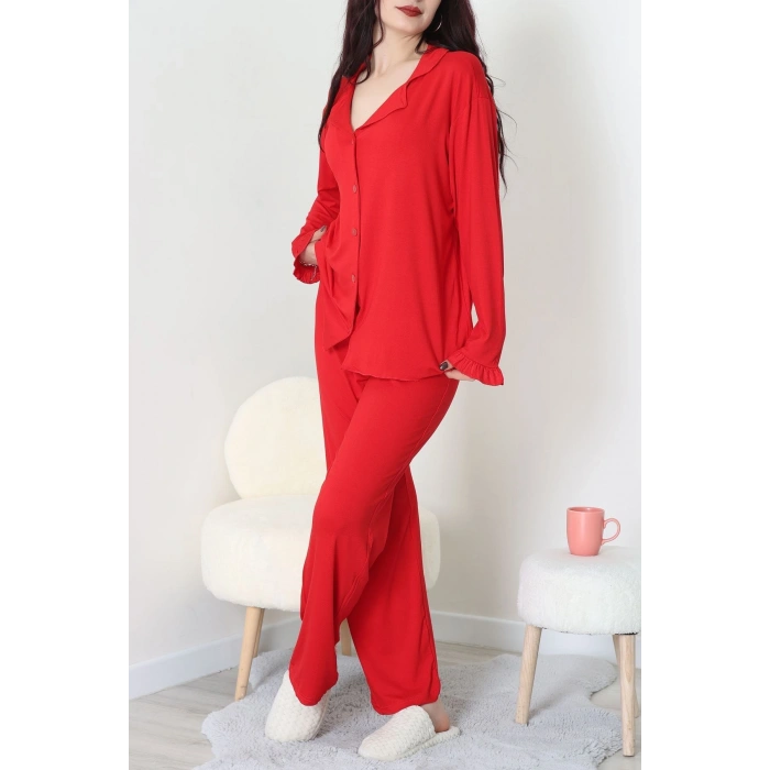 Ring Viskon Düğmeli Pijama Takımı Kırmızı - 52201.1961.