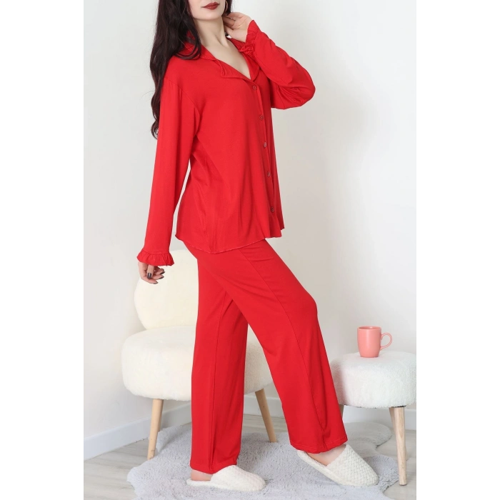Ring Viskon Düğmeli Pijama Takımı Kırmızı - 52201.1961.
