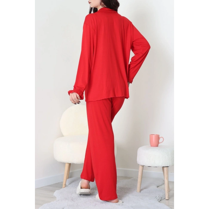 Ring Viskon Düğmeli Pijama Takımı Kırmızı - 52201.1961.