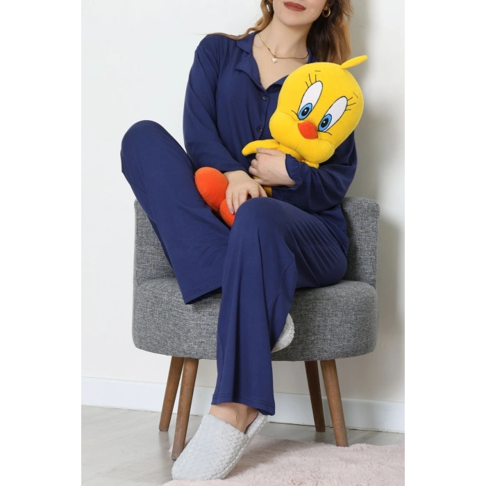Ring Viskon Düğmeli Pijama Takımı Lacivert - 52201.1961.
