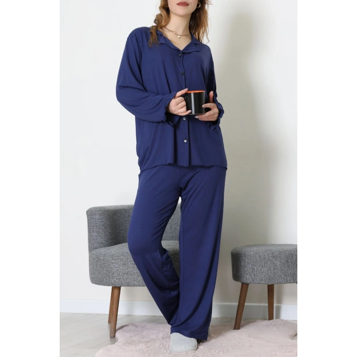 Ring Viskon Düğmeli Pijama Takımı Lacivert - 52201.1961.