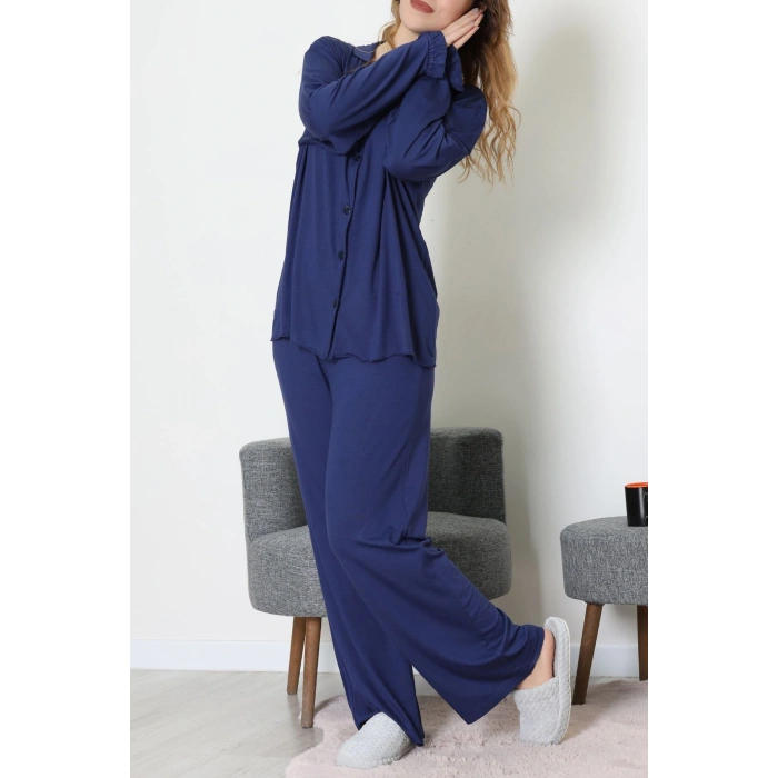 Ring Viskon Düğmeli Pijama Takımı Lacivert - 52201.1961.