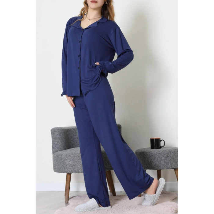 Ring Viskon Düğmeli Pijama Takımı Lacivert - 52201.1961.