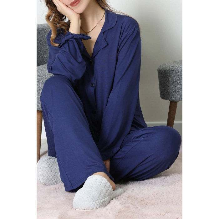 Ring Viskon Düğmeli Pijama Takımı Lacivert - 52201.1961.