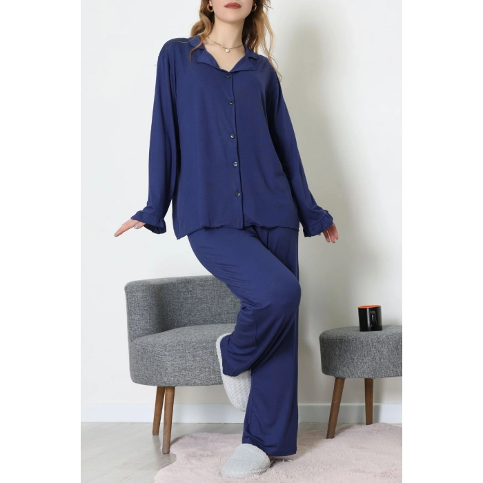Ring Viskon Düğmeli Pijama Takımı Lacivert - 52201.1961.