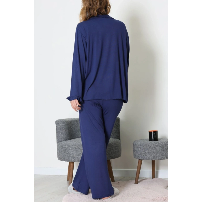 Ring Viskon Düğmeli Pijama Takımı Lacivert - 52201.1961.