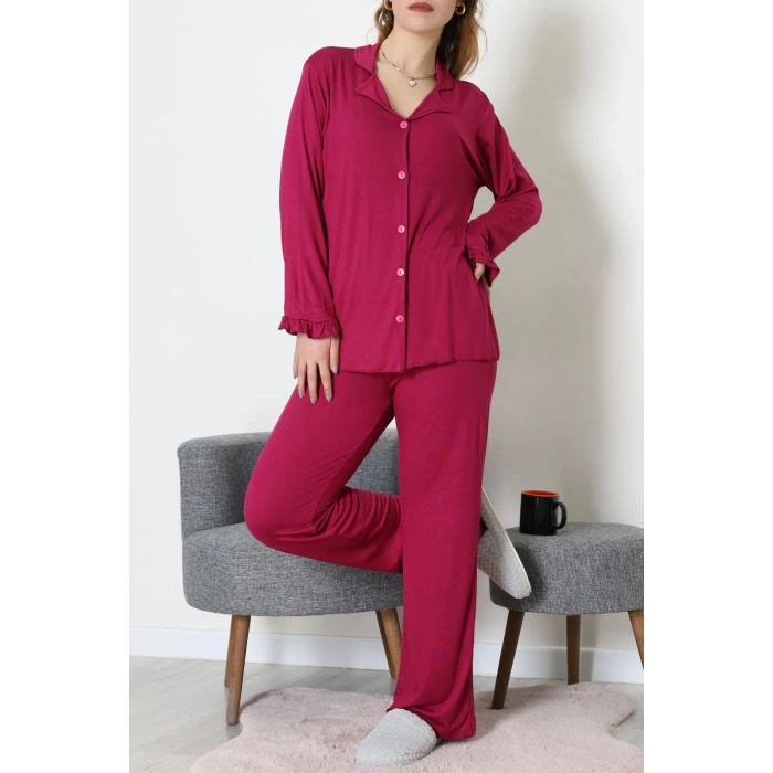 Ring Viskon Düğmeli Pijama Takımı Mor - 52201.1961.