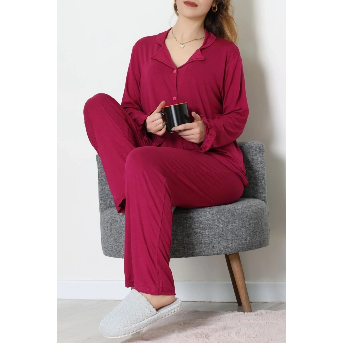 Ring Viskon Düğmeli Pijama Takımı Mor - 52201.1961.