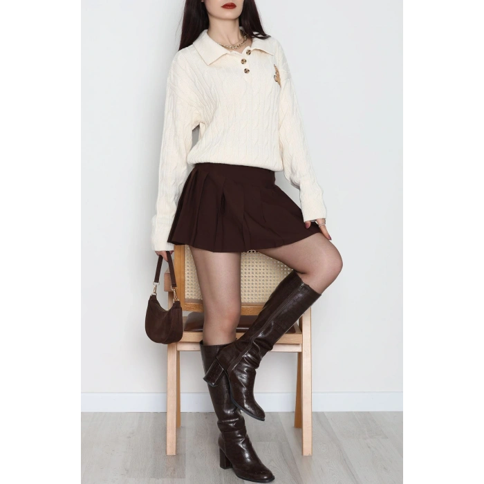 Saç Örgü Nakışlı Triko Kazak Bej - 2162.1247.