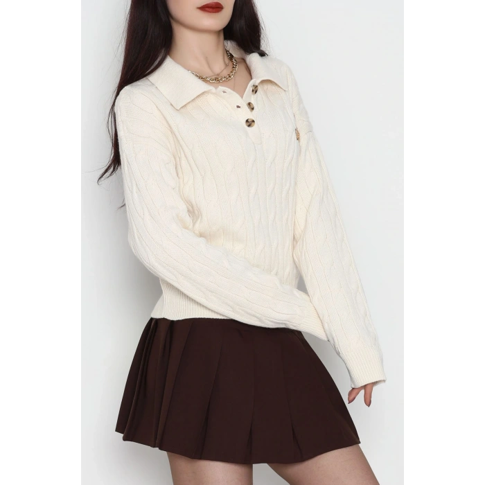 Saç Örgü Nakışlı Triko Kazak Bej - 2162.1247.