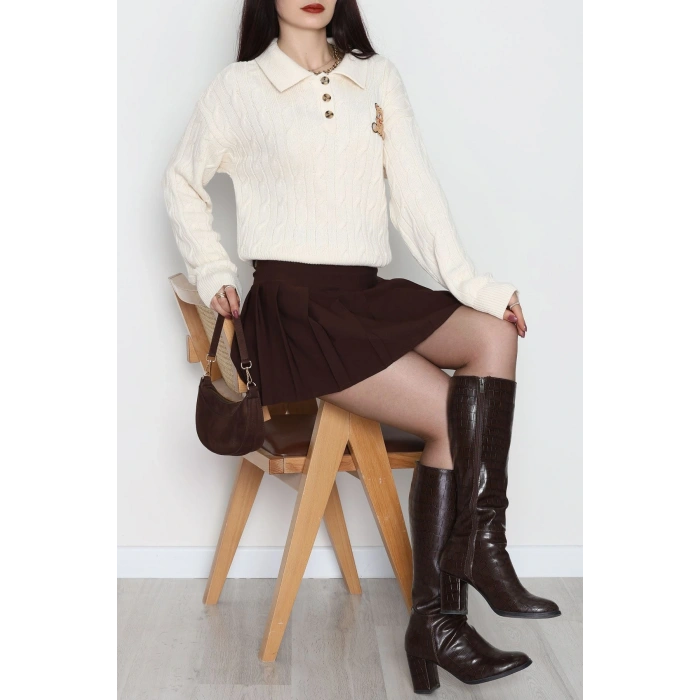 Saç Örgü Nakışlı Triko Kazak Bej - 2162.1247.