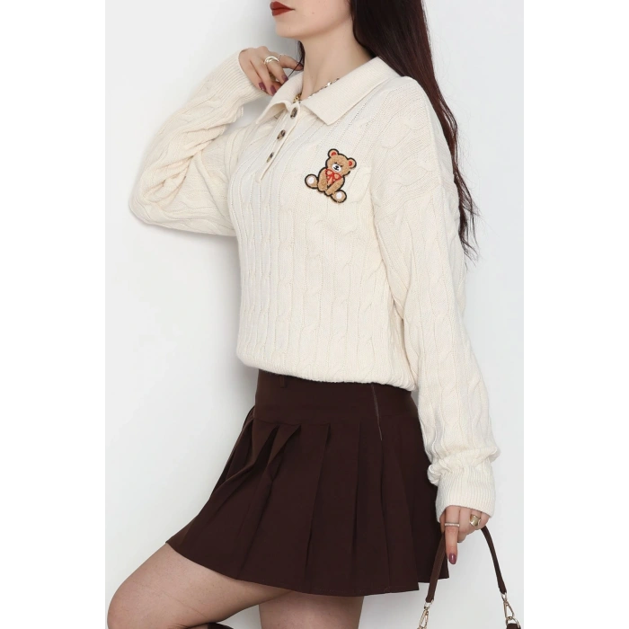 Saç Örgü Nakışlı Triko Kazak Bej - 2162.1247.