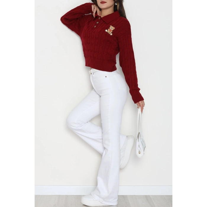 Saç Örgü Nakışlı Triko Kazak Bordo - 2162.1247.