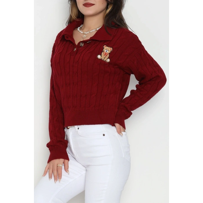 Saç Örgü Nakışlı Triko Kazak Bordo - 2162.1247.