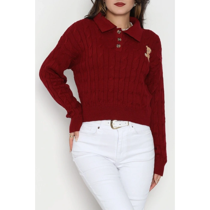 Saç Örgü Nakışlı Triko Kazak Bordo - 2162.1247.