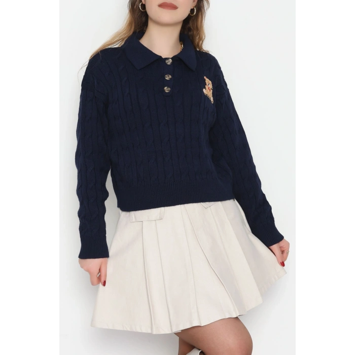 Saç Örgü Nakışlı Triko Kazak Lacivert - 2162.1247.