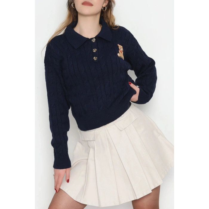 Saç Örgü Nakışlı Triko Kazak Lacivert - 2162.1247.