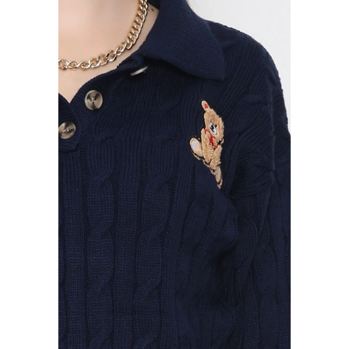Saç Örgü Nakışlı Triko Kazak Lacivert - 2162.1247.