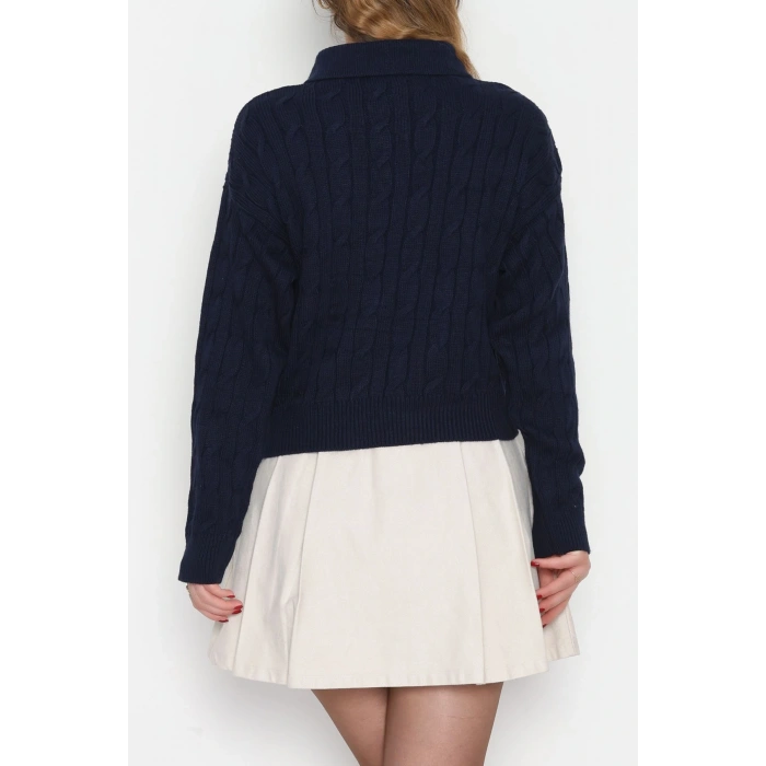 Saç Örgü Nakışlı Triko Kazak Lacivert - 2162.1247.