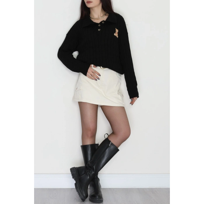 Saç Örgü Nakışlı Triko Kazak Siyah - 2162.1247.