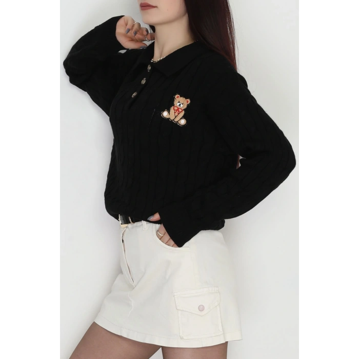 Saç Örgü Nakışlı Triko Kazak Siyah - 2162.1247.