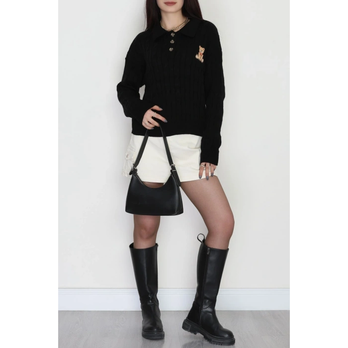 Saç Örgü Nakışlı Triko Kazak Siyah - 2162.1247.