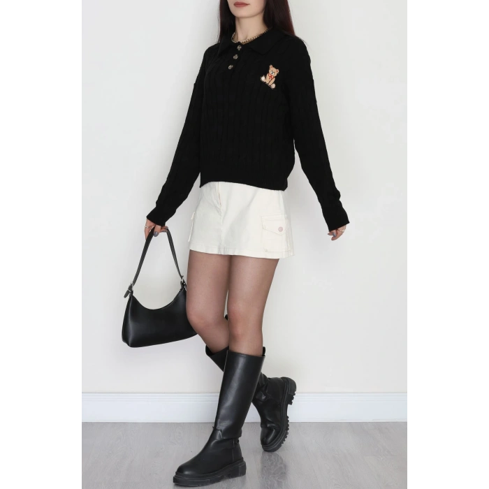 Saç Örgü Nakışlı Triko Kazak Siyah - 2162.1247.