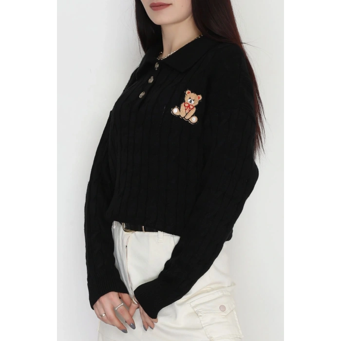 Saç Örgü Nakışlı Triko Kazak Siyah - 2162.1247.