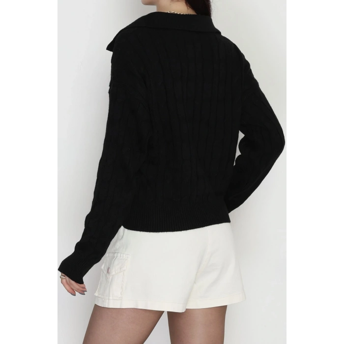 Saç Örgü Nakışlı Triko Kazak Siyah - 2162.1247.