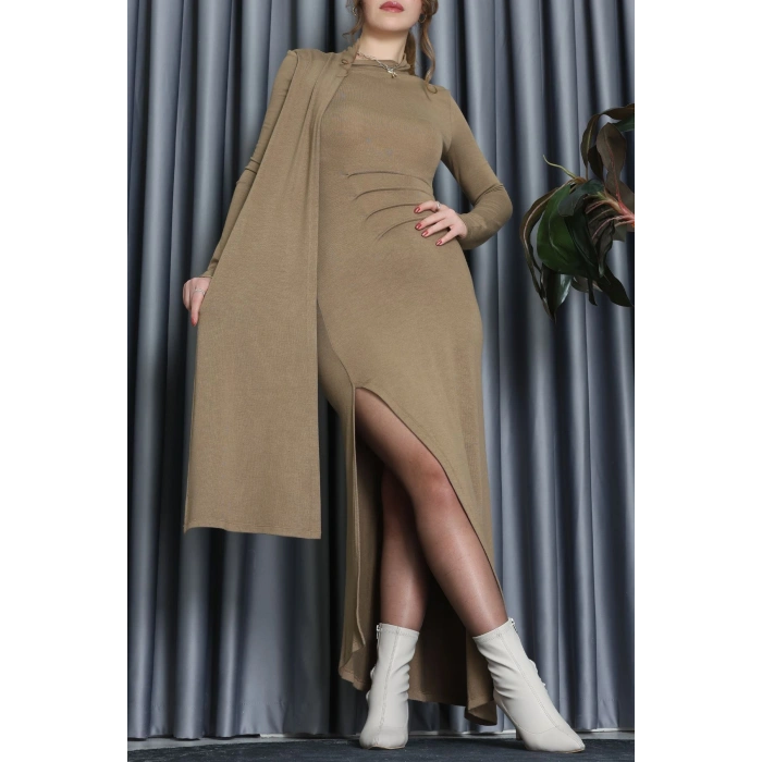 Şal Yaka Uzun Elbise Vizon - 111659.444.