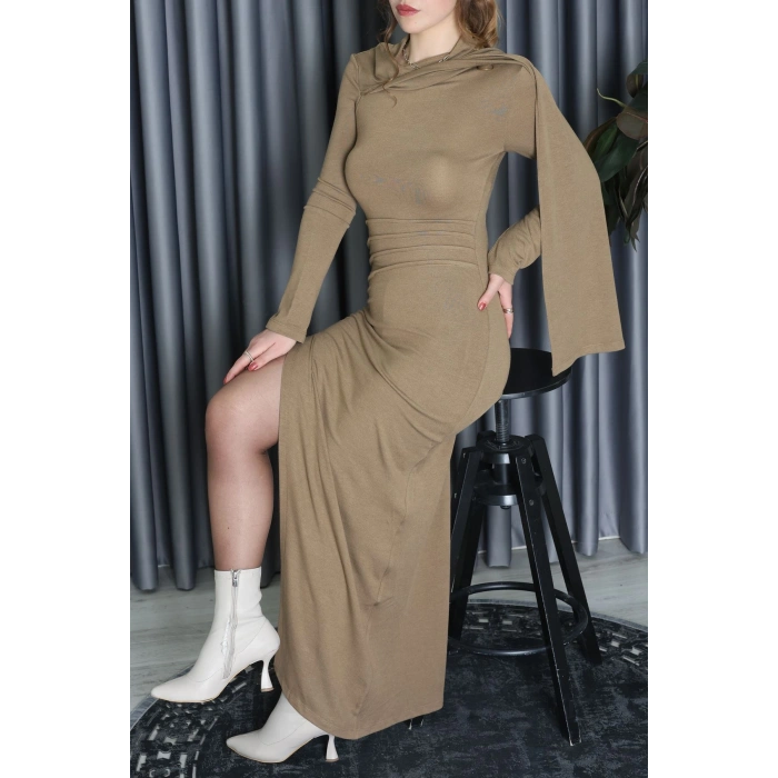 Şal Yaka Uzun Elbise Vizon - 111659.444.