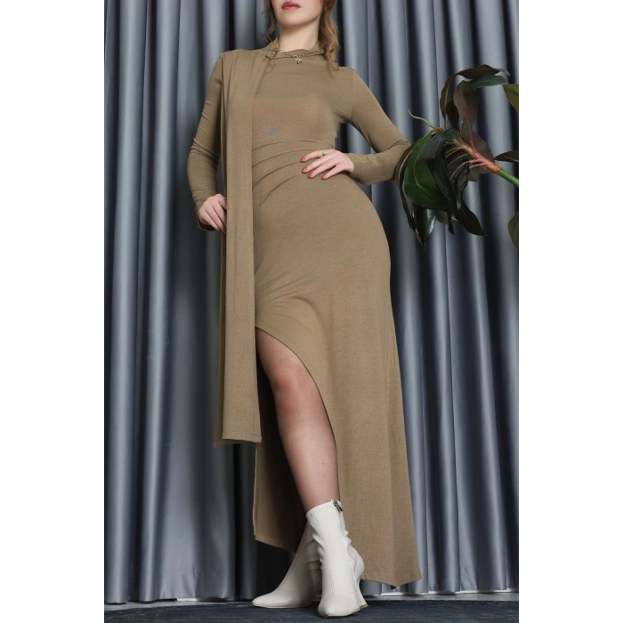 Şal Yaka Uzun Elbise Vizon - 111659.444.