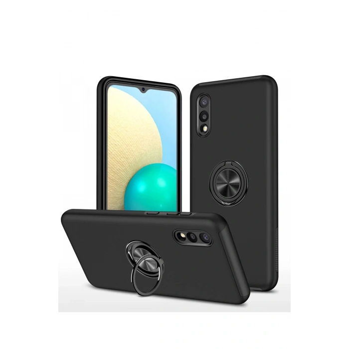 Samsung Galaxy A02 Kılıf Elit Yüzüklü Kapak - Siyah