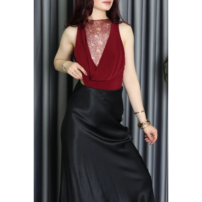 Sandy Kumaş Sırt Dantelli Çıtçıtlı Bluz Bordo - 71421.1380.