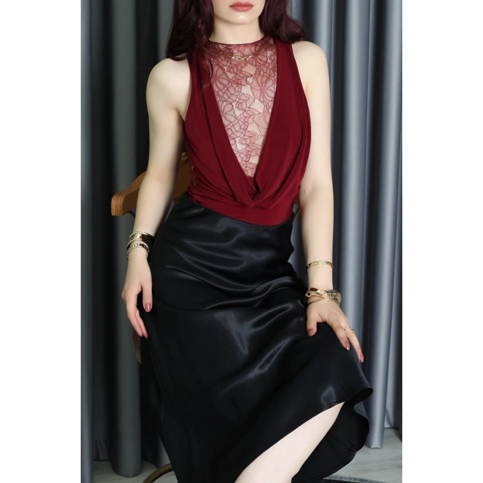 Sandy Kumaş Sırt Dantelli Çıtçıtlı Bluz Bordo - 71421.1380.