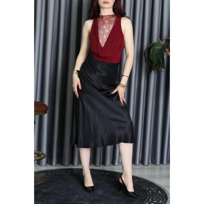 Sandy Kumaş Sırt Dantelli Çıtçıtlı Bluz Bordo - 71421.1380.