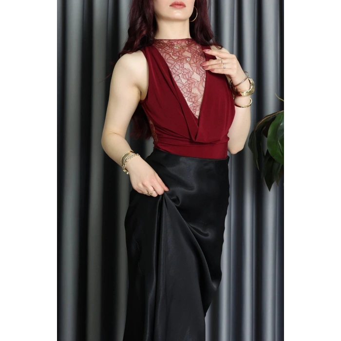 Sandy Kumaş Sırt Dantelli Çıtçıtlı Bluz Bordo - 71421.1380.