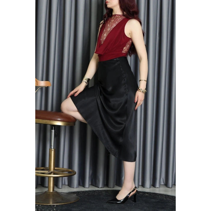 Sandy Kumaş Sırt Dantelli Çıtçıtlı Bluz Bordo - 71421.1380.
