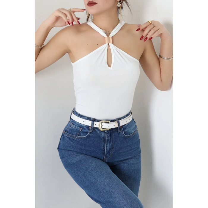 Sandy Önü Tokalı Çıtçıtlı Bluz Beyaz - 42803.1949.