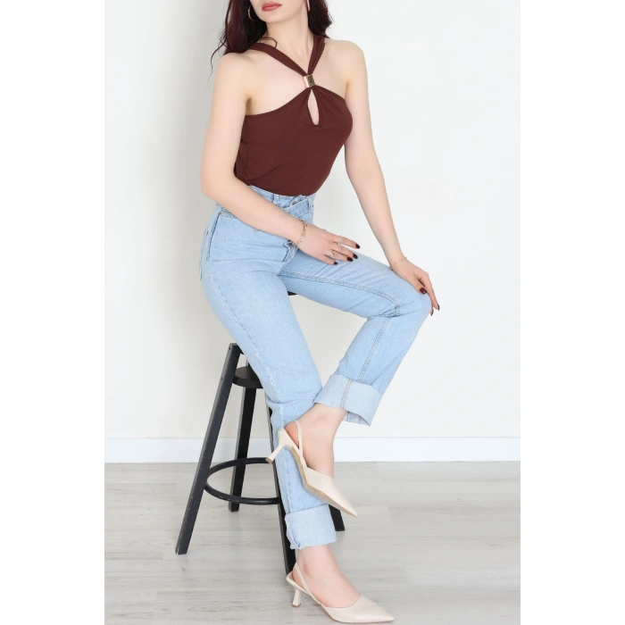 Sandy Önü Tokalı Çıtçıtlı Bluz Kahve - 42803.1949.