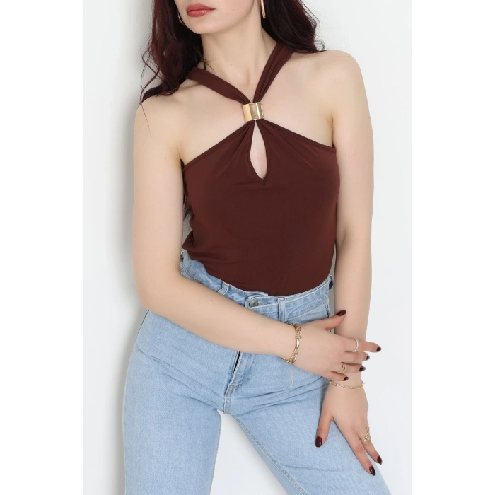 Sandy Önü Tokalı Çıtçıtlı Bluz Kahve - 42803.1949.